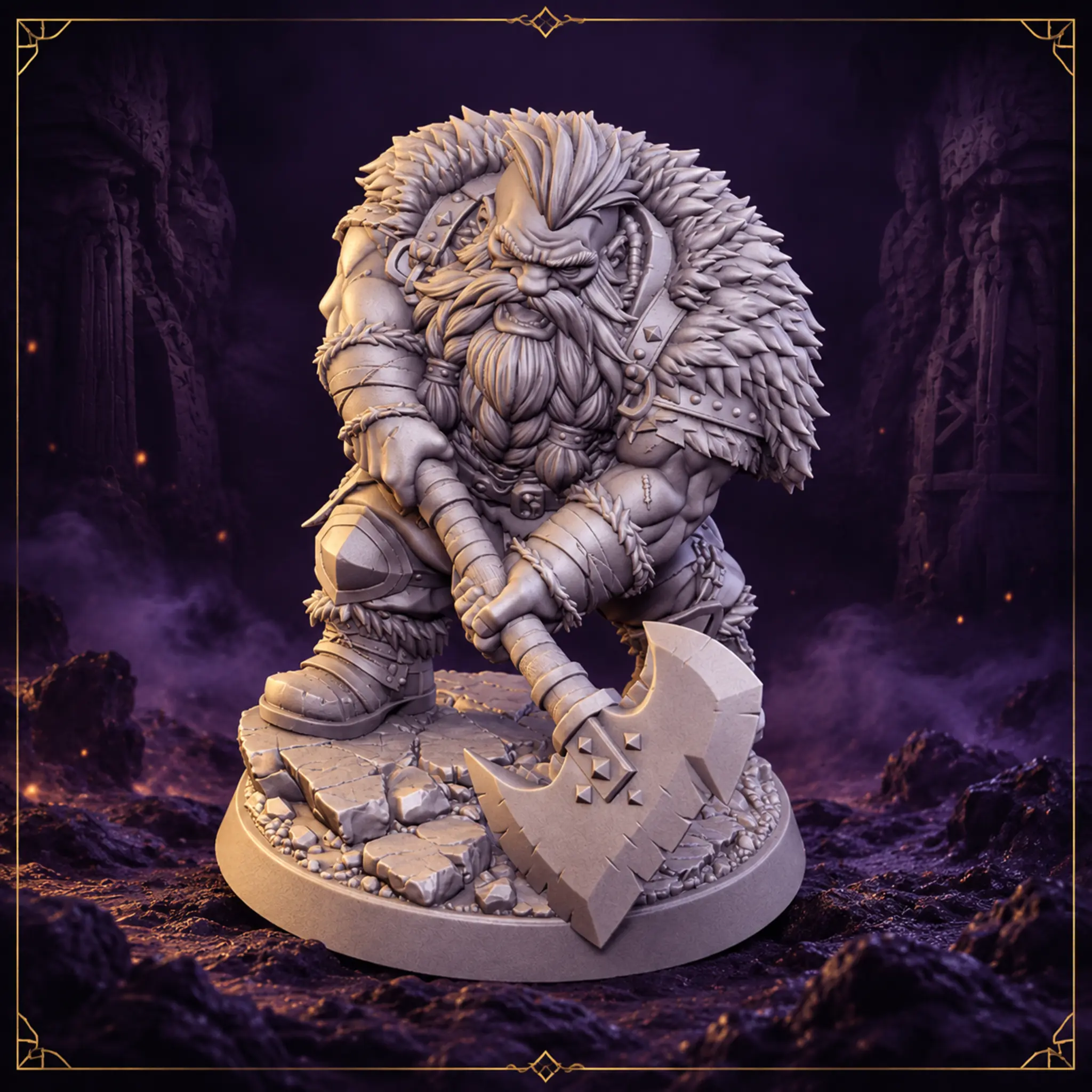 Brokvar Ironfury Zwergen Berserker Resin Miniatur mit Zweihandaxt – Vorderansicht