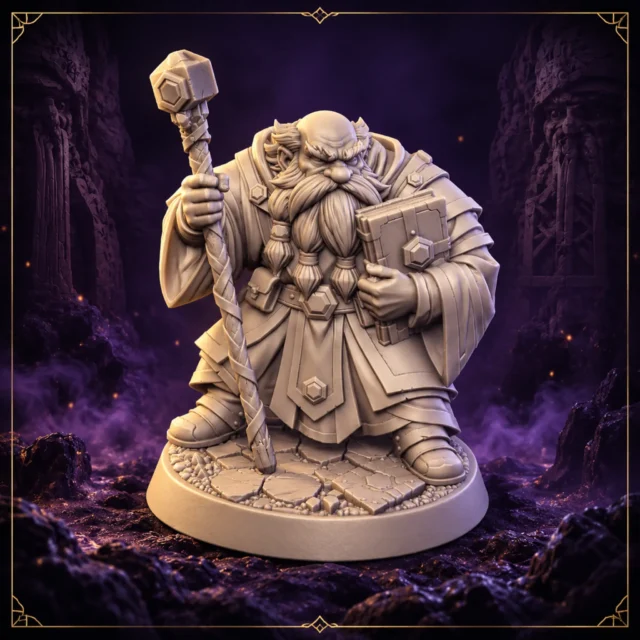 Thorgar Runebinder Zwergen Runenpriester Resin Miniatur mit Runenstab und Foliant – Vorderansicht