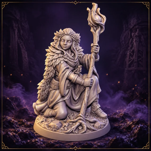 Sylvara Leafwhisper Elfen Druidin 32 mm Resin Miniatur mit Naturstab und Blattmantel – Vorderansicht