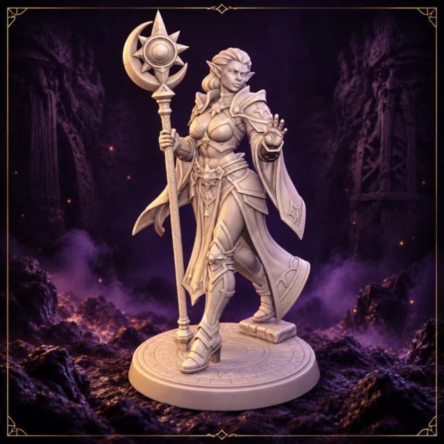 Serelith Moonveil Elfenpriesterin 32 mm Resin Miniatur mit Mond-und-Sonnen-Stab – Vorderansicht