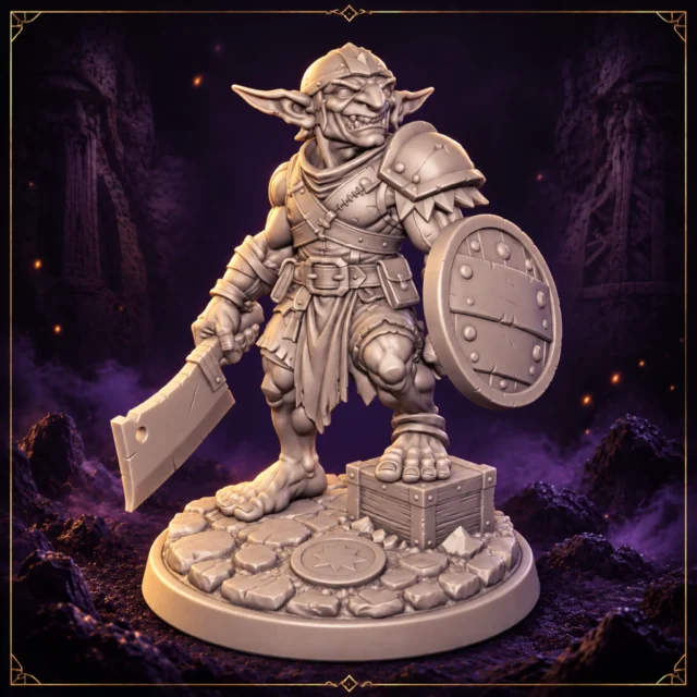 Skritch Ironjaw Goblin Anführer 32 mm Resin Miniatur mit Hackbeil und Rundschild – Vorderansicht