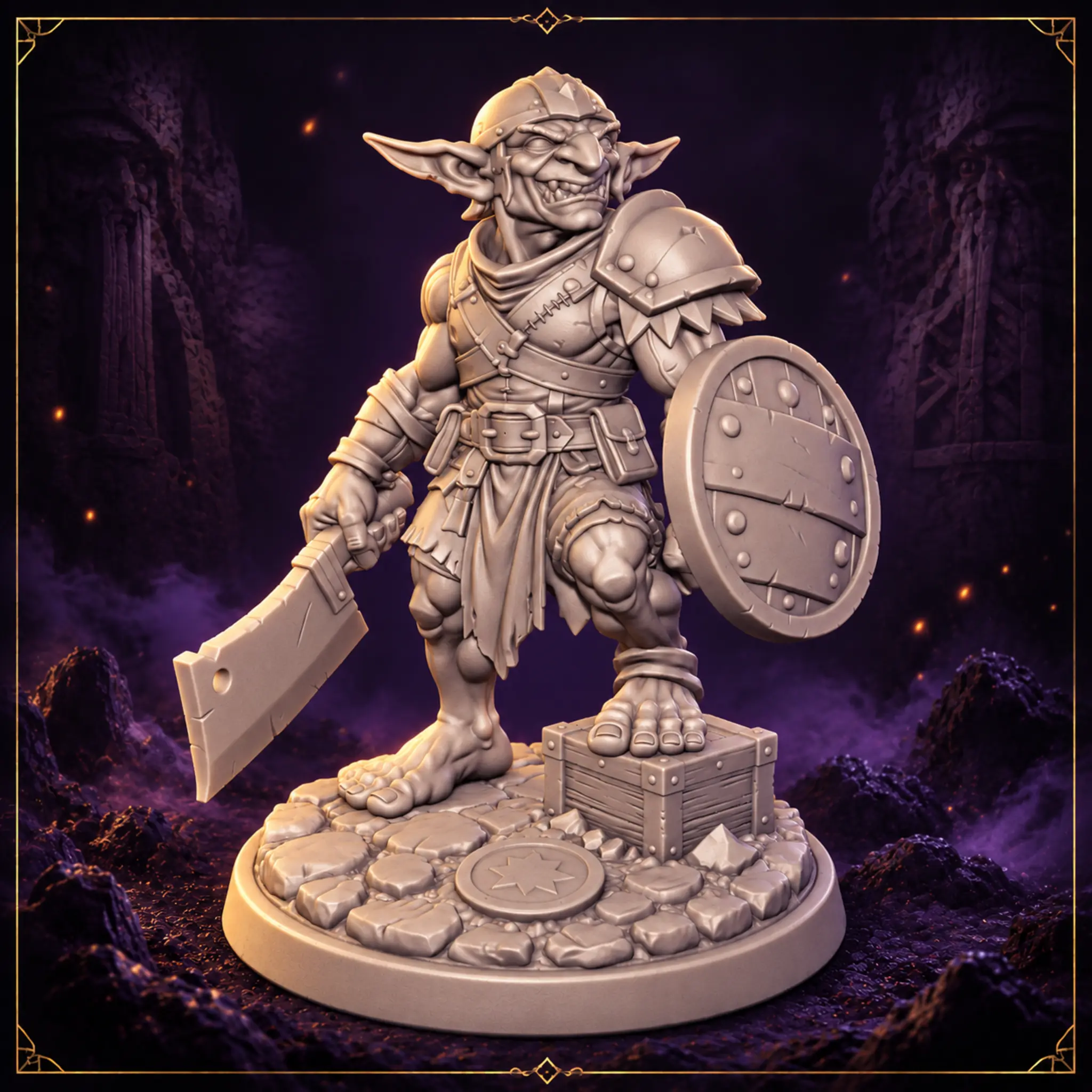 Skritch Ironjaw Goblin Anführer 32 mm Resin Miniatur mit Hackbeil und Rundschild – Vorderansicht