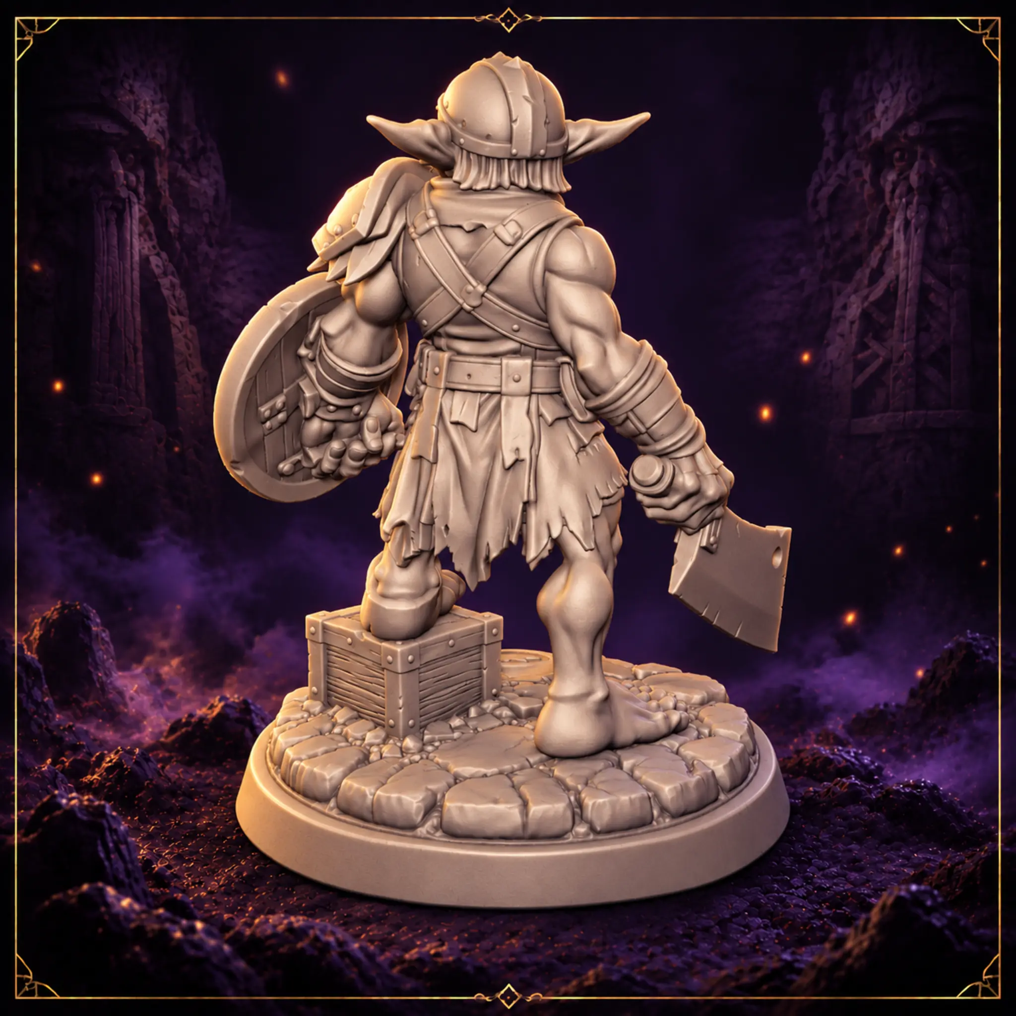 Skritch Ironjaw Goblin Anführer Resin Miniatur mit Schild und scenic Base – Rückansicht