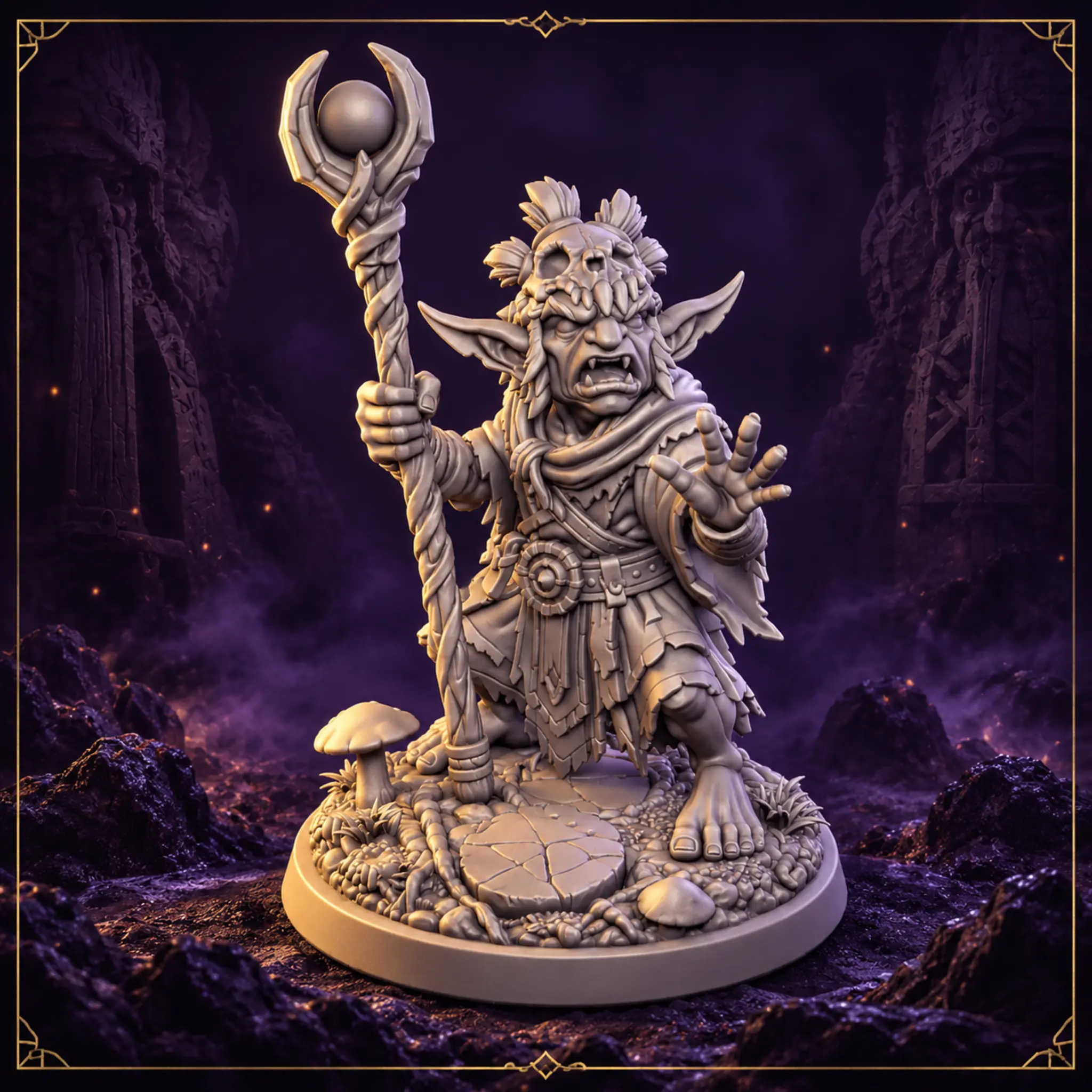 Mogruk Bonewhisper Goblin Schamane 32 mm Resin Miniatur mit Ritualstab und scenic Base – Vorderansicht