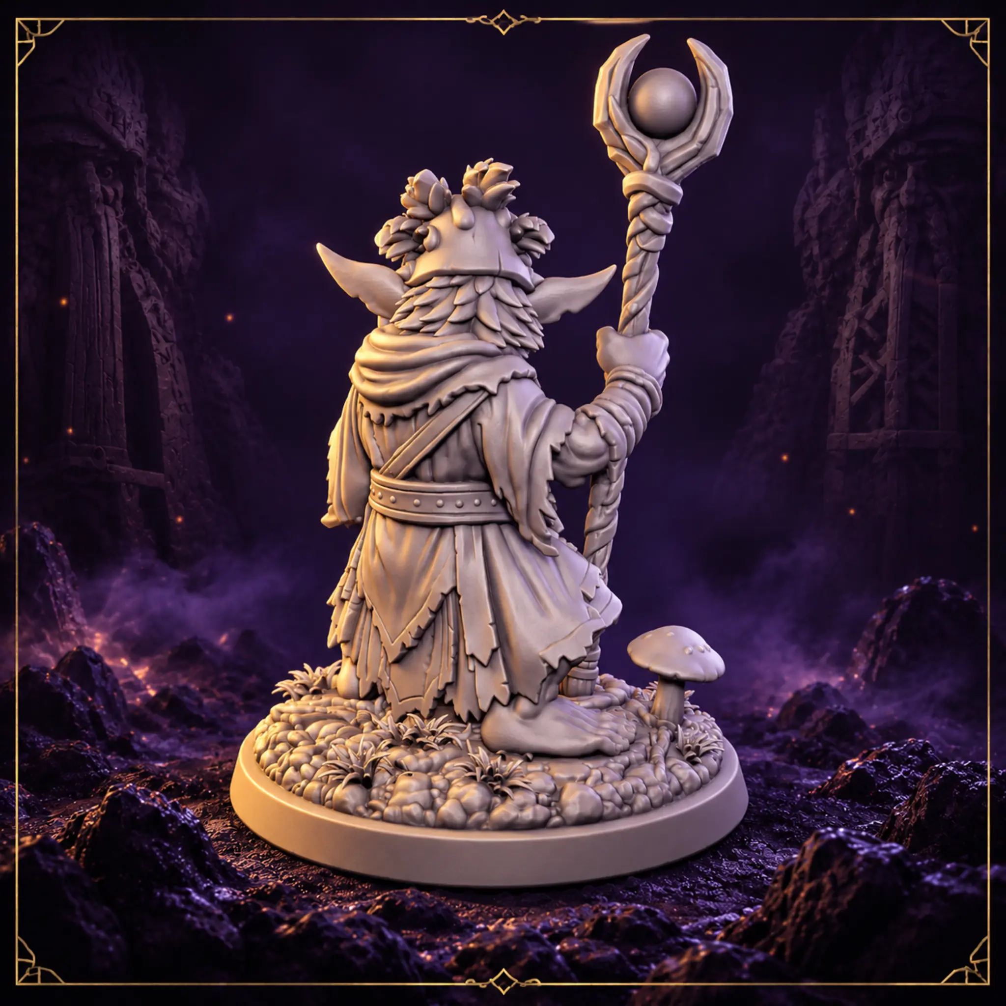 Mogruk Bonewhisper Goblin Schamane Resin Miniatur mit Pilzen und Ritualstab – Rückansicht