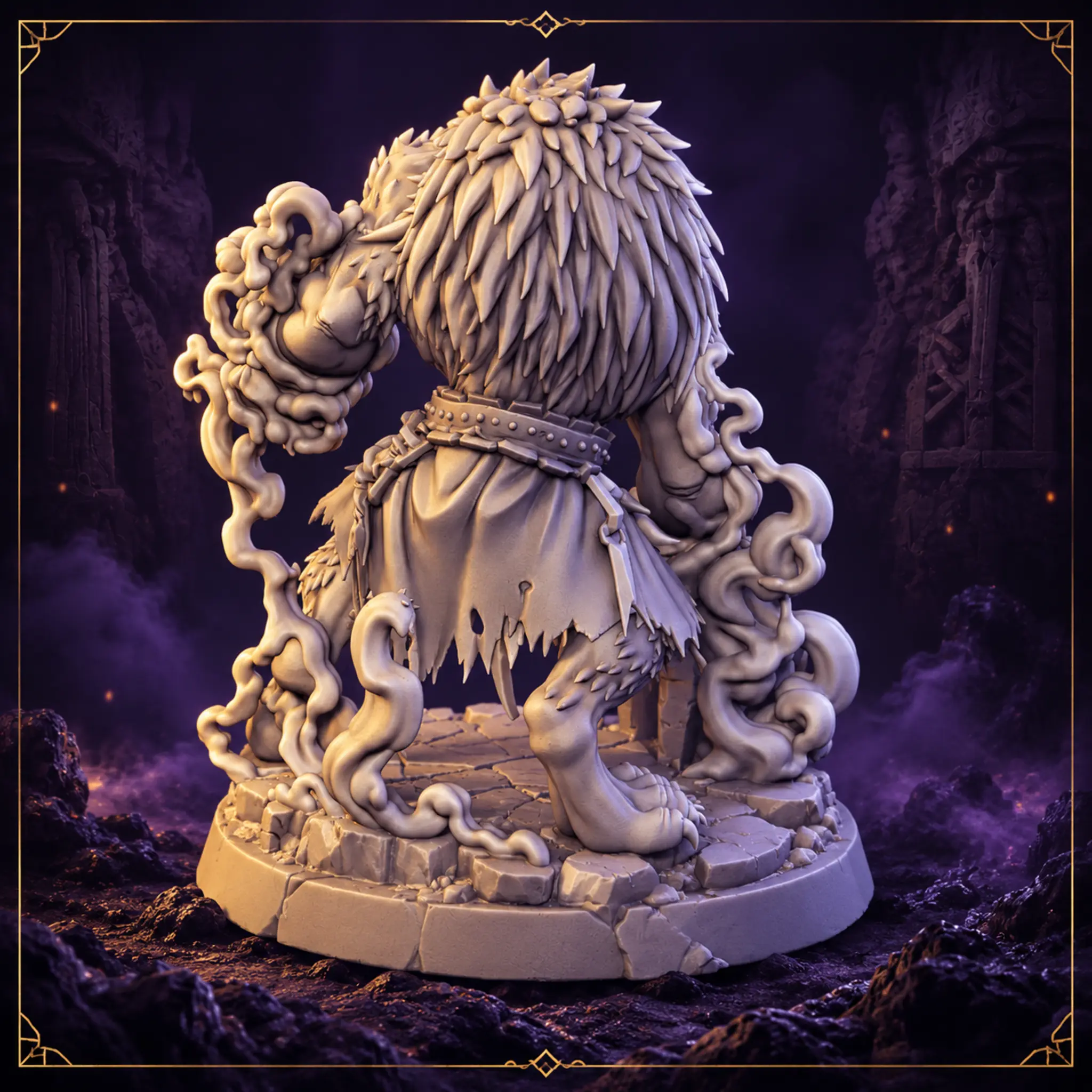 Gnoll Biest Resin Miniatur mit Fell und zerrissener Ausrüstung – Rückansicht