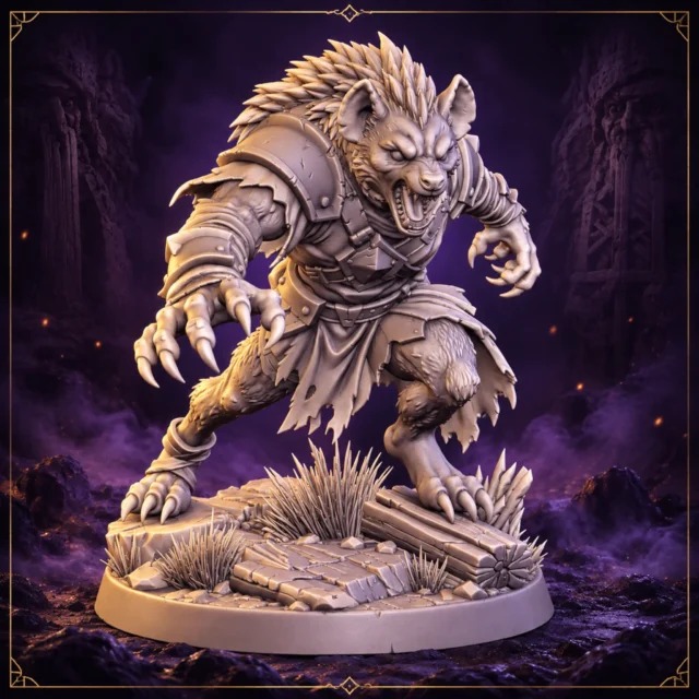 Raghar Fangscar Gnoll Kämpfer 32 mm Resin Miniatur mit Klauen und Rüstung – Vorderansicht