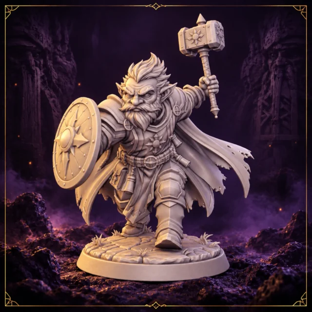 Durnik Sunshield Gnom Paladin 32 mm Resin Miniatur mit Hammer und Schild – Vorderansicht