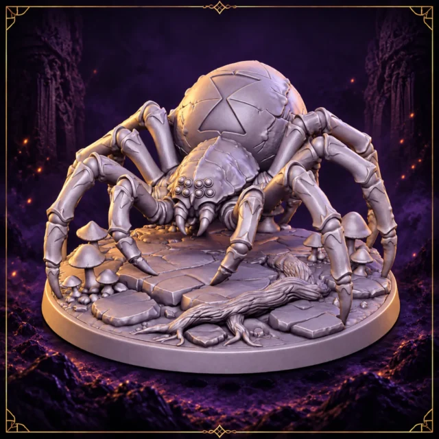 Vesperfang Broodmother Giant Spider 32 mm Resin Miniatur mit Pilzen und scenic Base – Vorderansicht