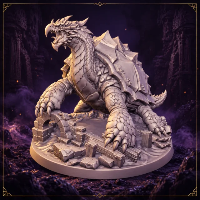 Stoneback Colossus Riesenschildkröte Resin Miniatur mit felsigem Panzer – Vorderansicht