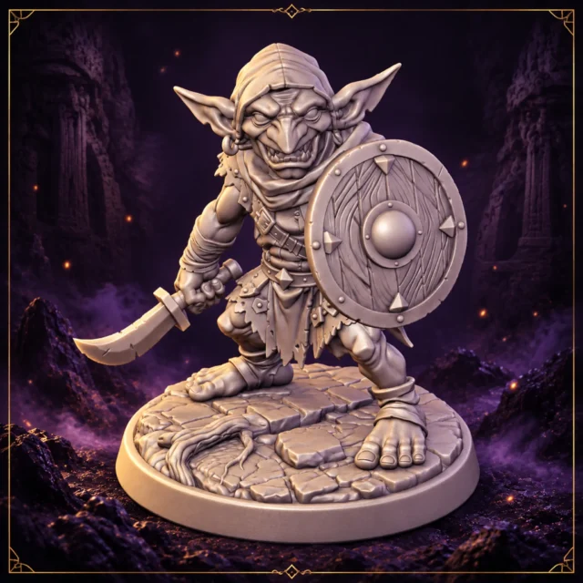 Grizzik Shieldfang Goblin Krieger 32 mm Resin Miniatur mit Krummsäbel und Rundschild – Vorderansicht