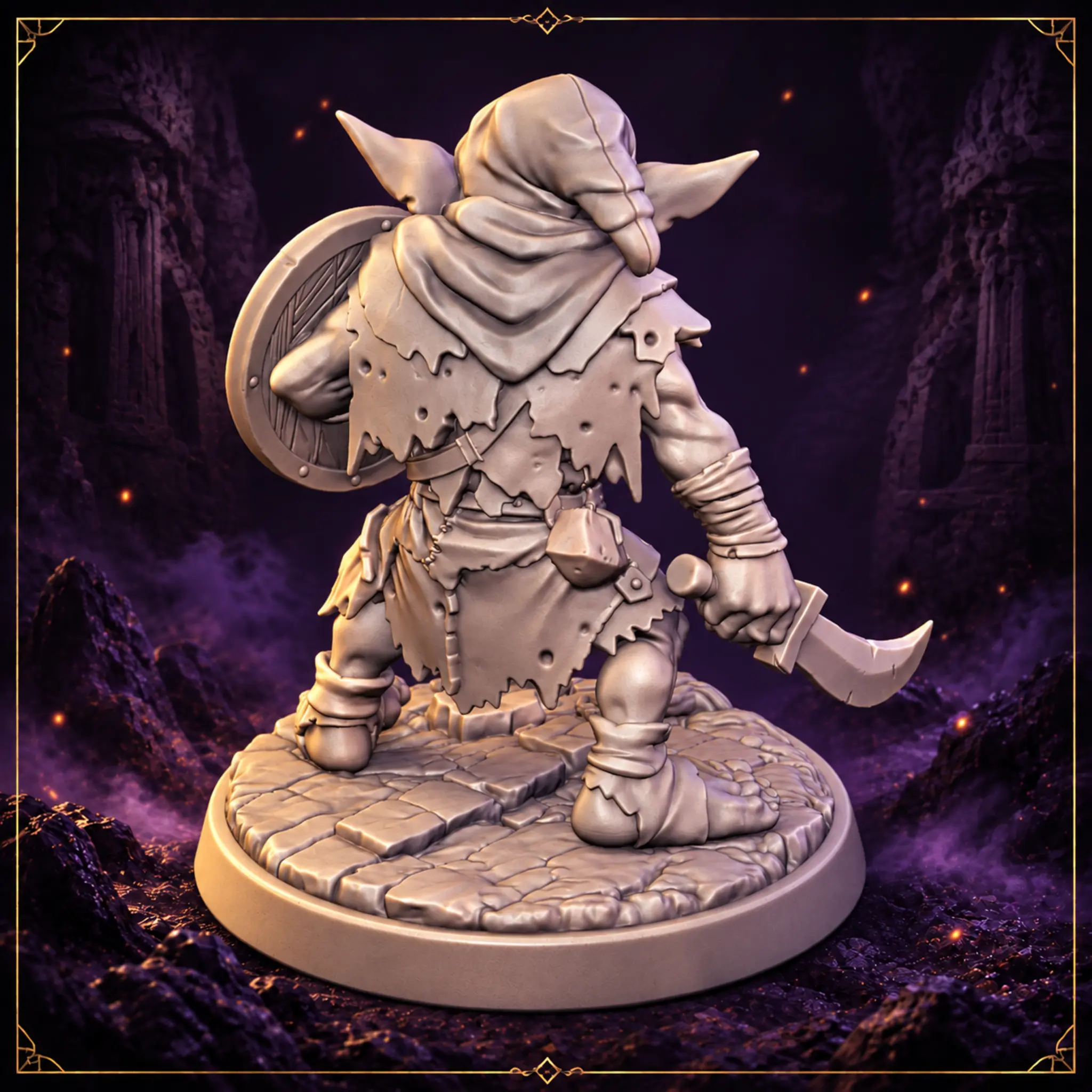 Grizzik Shieldfang Goblin Krieger Resin Miniatur mit Kapuze und scenic Pflaster-Base – Rückansicht