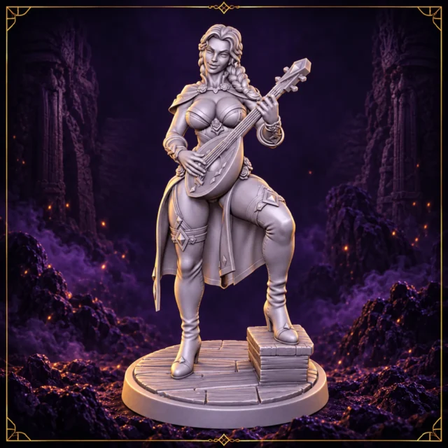 Lyra Valewind – Mensch Barde 32 mm Resin Miniatur mit Laute – Vorderansicht