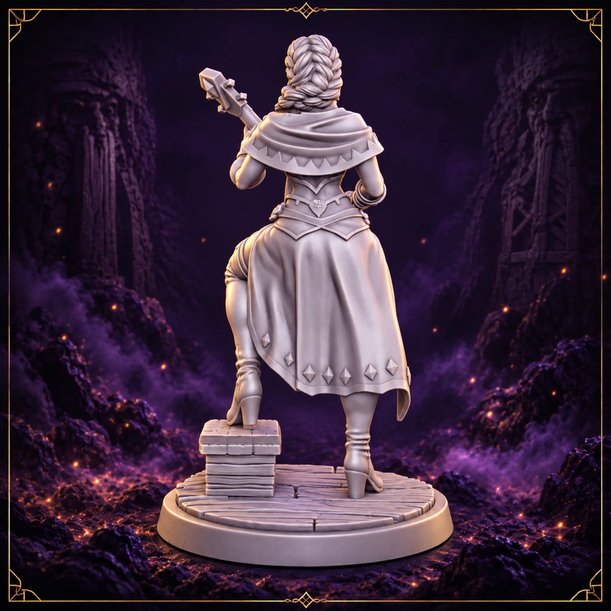 Lyra Valewind – Fantasy Bardin Resin Miniatur mit Umhang und Laute – Rückansicht