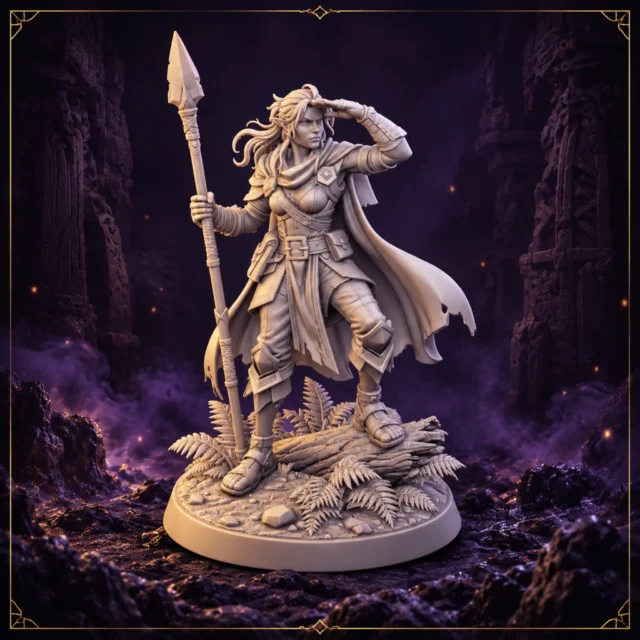 Elyra Thornwatch Halbelfin Rangerin Resin Miniatur mit Speer – Vorderansicht
