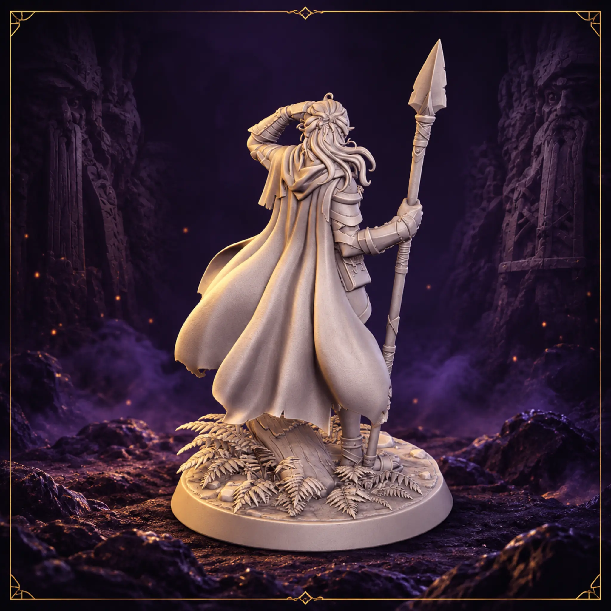 Elyra Thornwatch Half-Elf Ranger Resin Miniatur mit Umhang und Wald-Base – Rückansicht