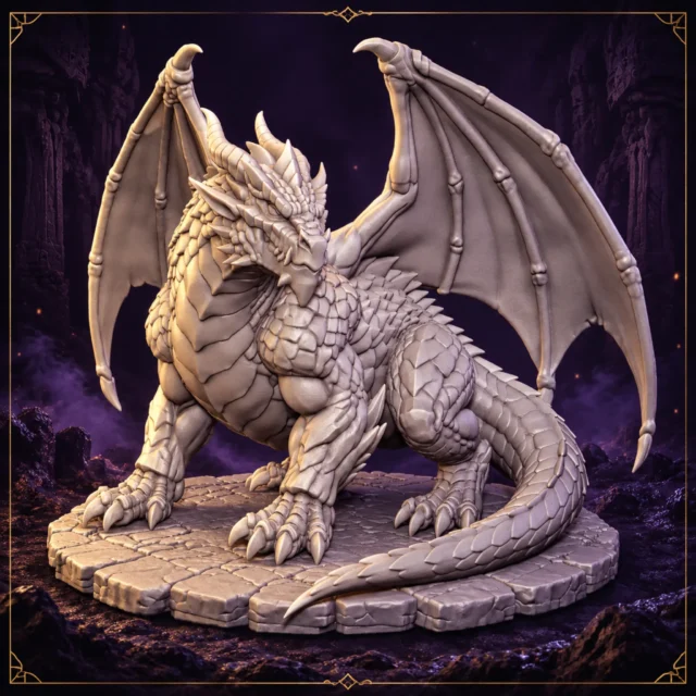 Pyrothar Embermaw roter Drache Resin Miniatur mit ausgebreiteten Flügeln auf Stein-Base – Vorderansicht