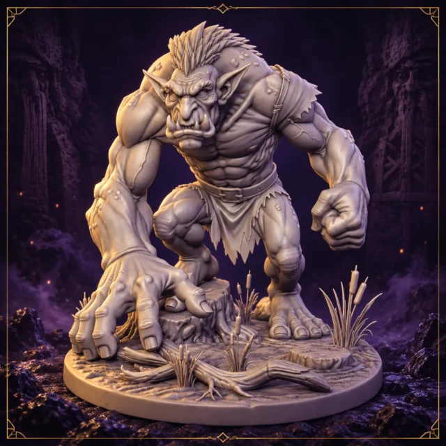 Grulmok Moorclaw Troll 32 mm Resin Miniatur auf Sumpf scenic Base – Vorderansicht