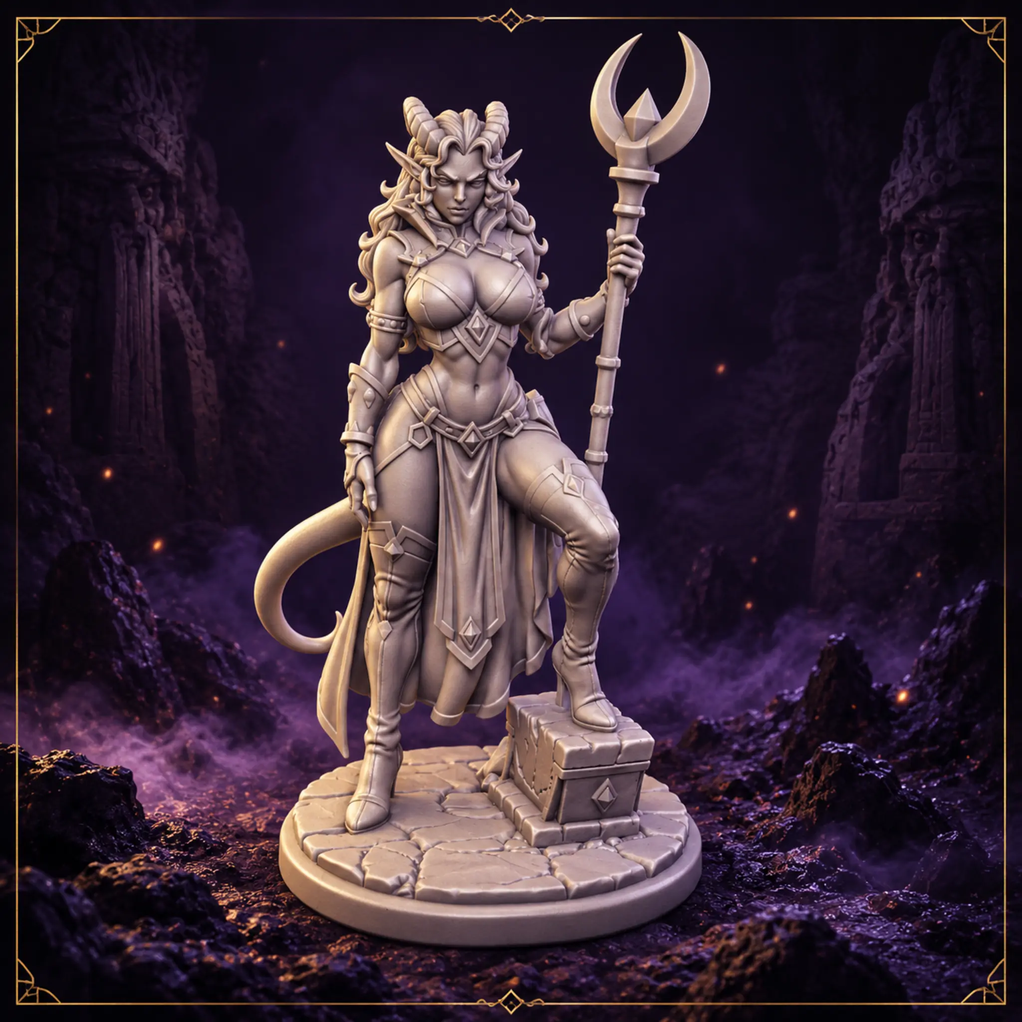 Velisra Emberhorn Tiefling Zauberin 32 mm Resin Miniatur mit Mondstab – Vorderansicht