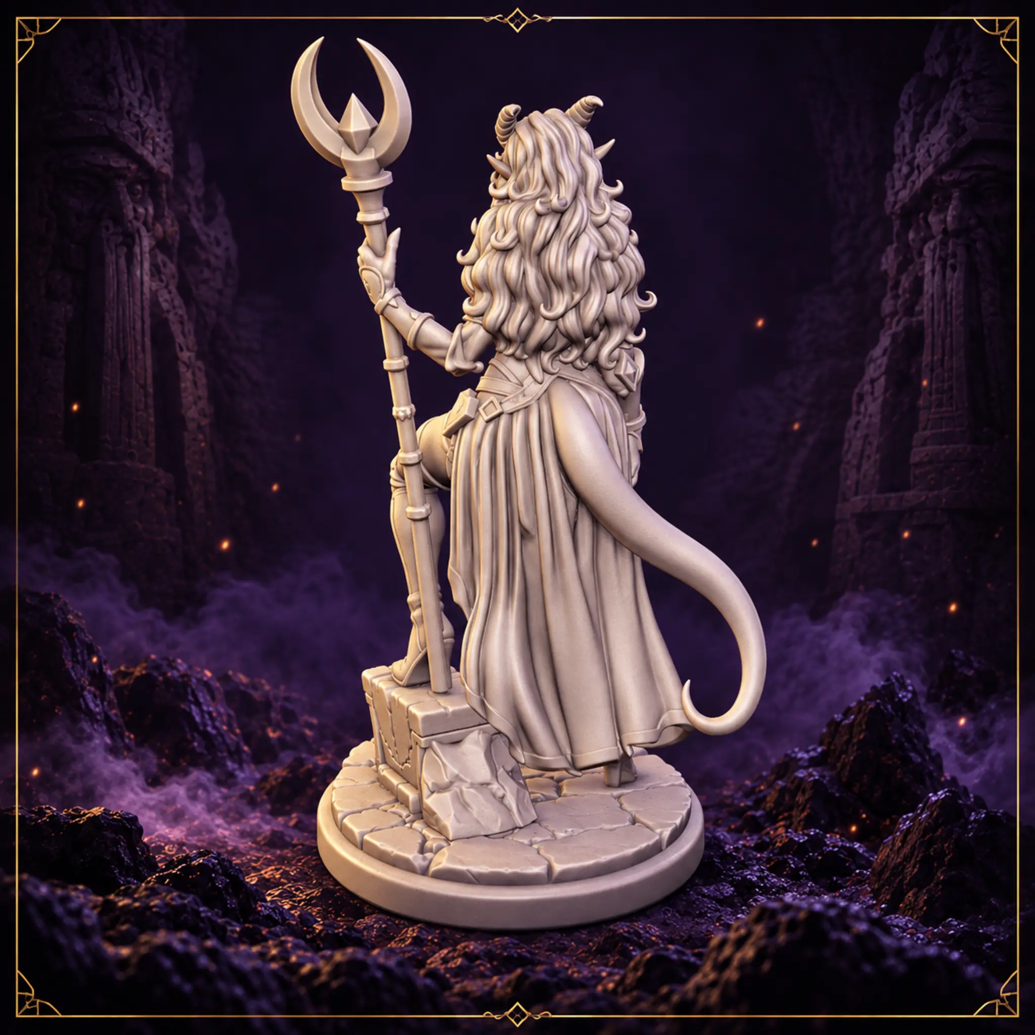 Velisra Emberhorn Tiefling Zauberin Resin Miniatur mit Hörnern, Schweif und scenic Base – Rückansicht