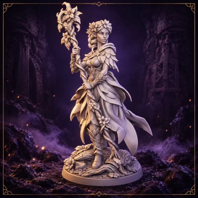 Elyndra Bloomweaver Waldelfen Druidin Resin Miniatur mit Blütenkrone und Naturstab – Vorderansicht